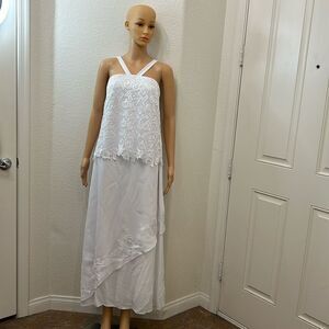 D Angeline Wedding Dress Sz. White Halter Floral Lace Embroidered Tiered Maxi